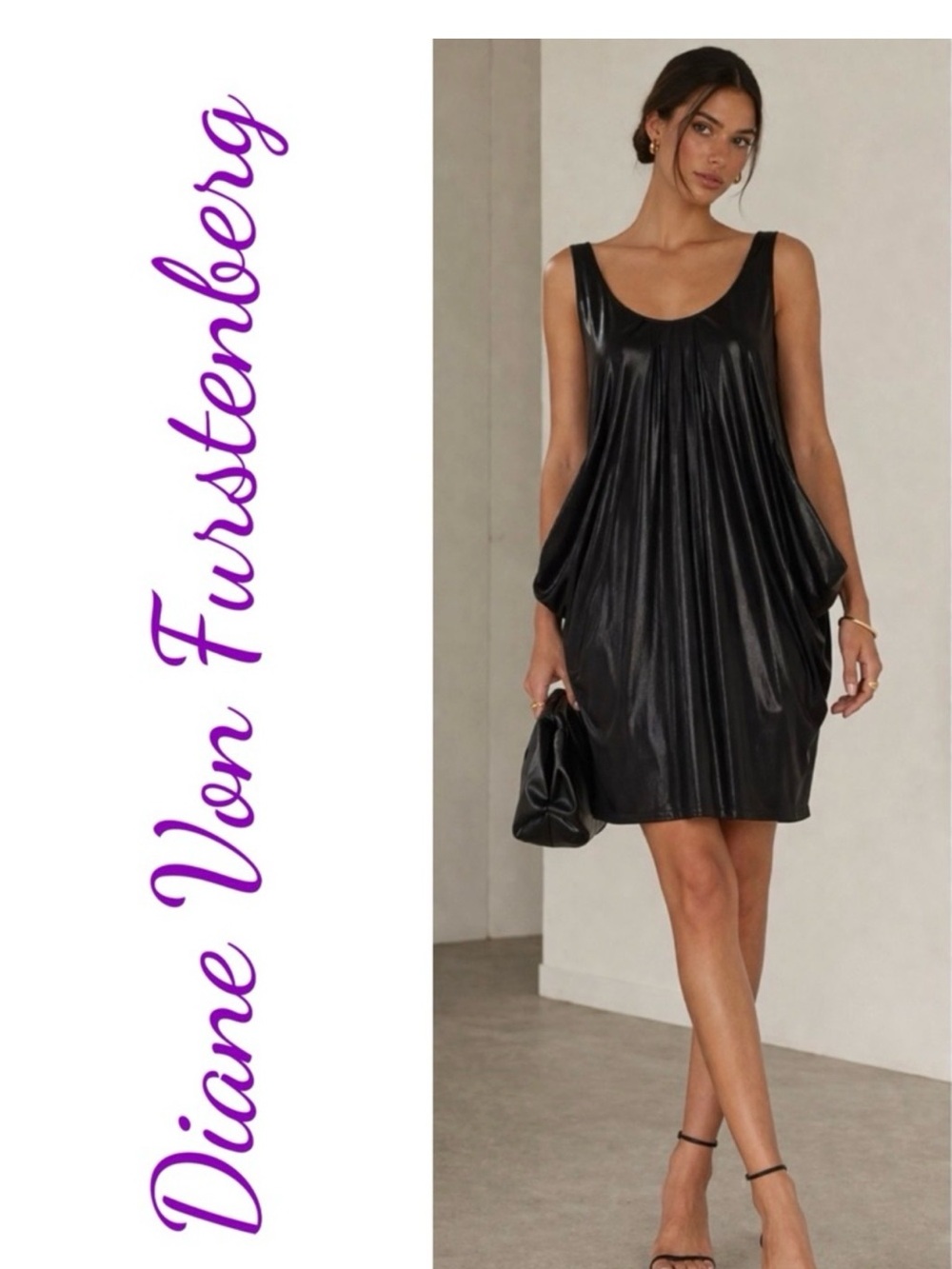 Diane Von Furstenberg Black Sleeveless Shiny Scoop Neck Dress